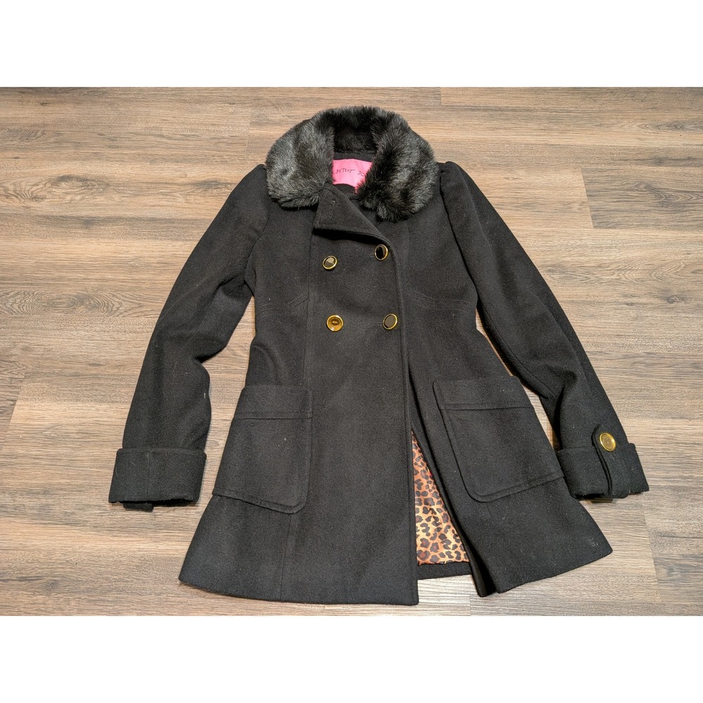 Betsey Johnson Black‎ Double Breasted Furry Collar Coat Size S READ